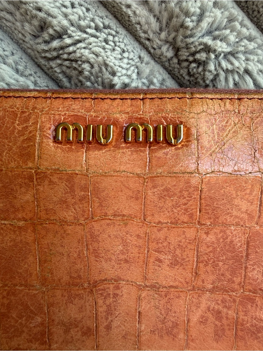 Miu Miu Peach/Coral Croc-Embossed Leather Zip Around Wallet